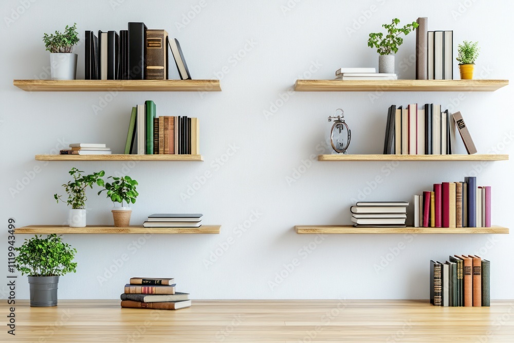 Poster a modern bookshelf display with various books and plants for decor.