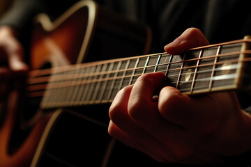 A close-up shot of hands playing an acoustic guitar, with the strings and neck in sharp focus against a soft-focus background. A cozy atmosphere.