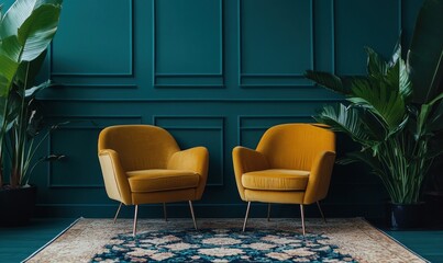 A cozy interior featuring two yellow chairs and lush plants against a teal wall.