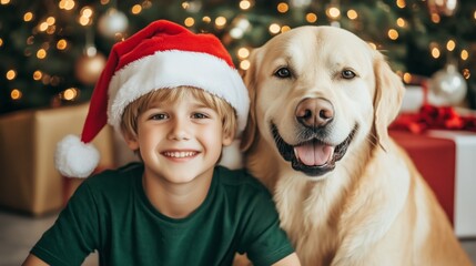 Joyful boy and golden retriever celebrating Christmas together