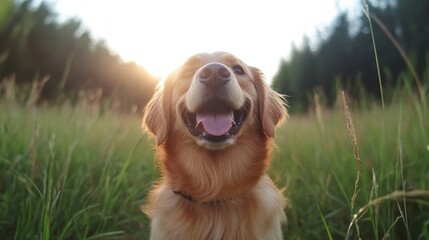 A joyful Golden Retriever standing in a lush summer meadow, mouth open in a happy grin, embodying the spirit of fun and carefree play under a bright sun.