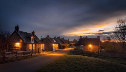 Obraz premium Serene village at dusk with glowing windows.