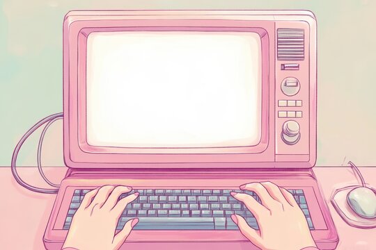 Minimalist cartoon drawing of hands typing on a vintage pink computer illustrating retro technology