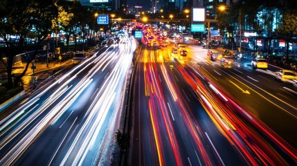 Obraz premium Night City Traffic Lights, Urban Streetscape at Night, Long Exposure Photography