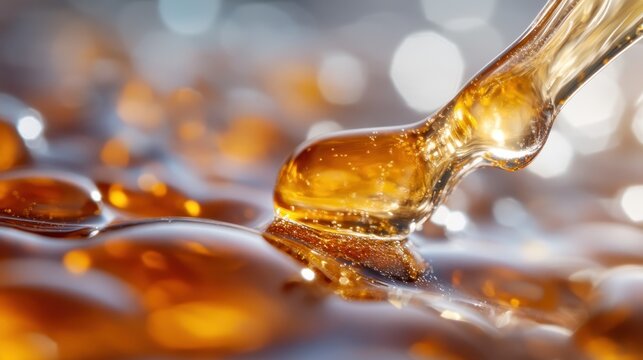 A macro shot capturing the detailed texture and rich hue of a thick amber liquid, creating a mesmerizing effect with reflections and light patterns.