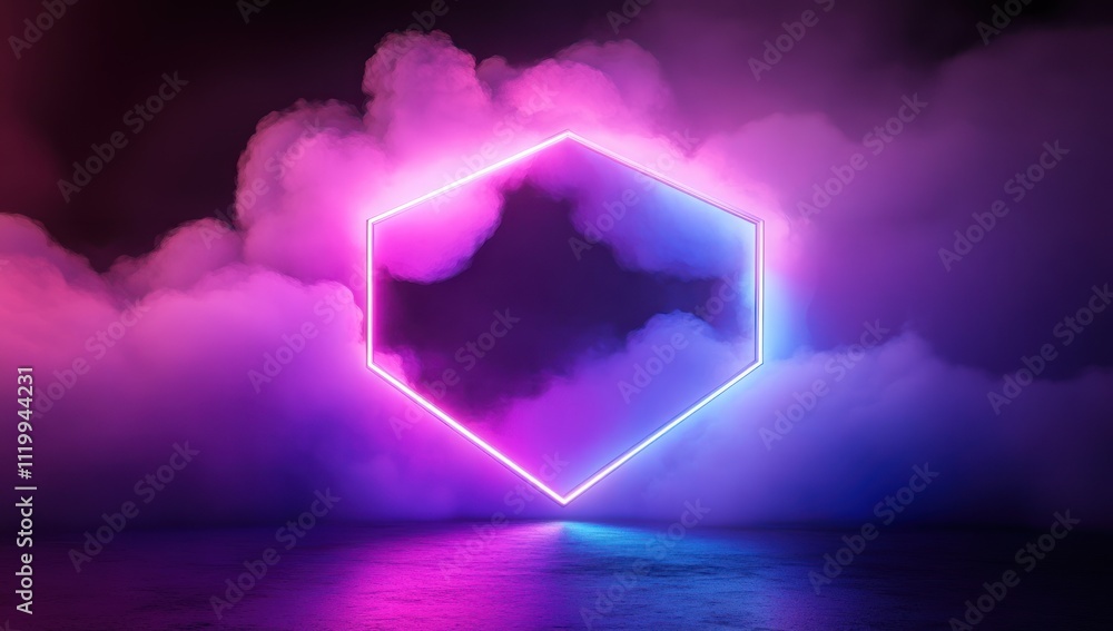 Poster a glowing hexagonal shape surrounded by colorful mist, creating a futuristic ambiance.