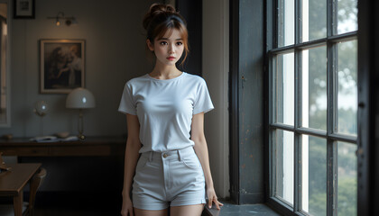 Fototapeta premium girl gracefully standing near a window, hairstyle knot, white T-shirt, wearing mini shorts, professional photo from lower angle, aesthetically pleasing, AI GEN