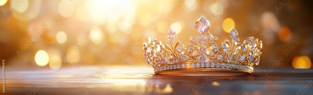 Poster a sparkling crown resting on a surface, illuminated by soft, warm light.