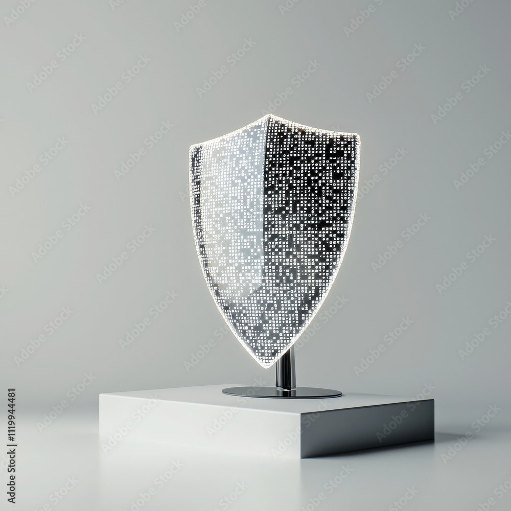 Poster digital shield display with radiating codes modern workspace conceptual art minimalist background cl