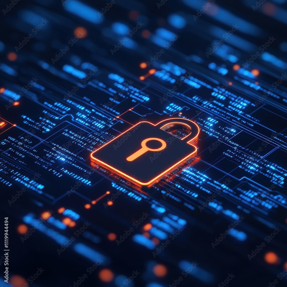 Poster digital security concept glowing lock with keyhole modern technology cybersecurity environment futur