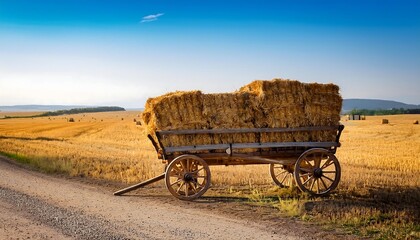 Obraz premium Rustic wagon loaded with hay in a golden field.