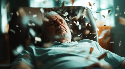 Fototapeta premium An elderly man with white hair sits in a chair, peacefully resting his eyes closed while leaves drift around him in a warm, sunlit indoor environment.