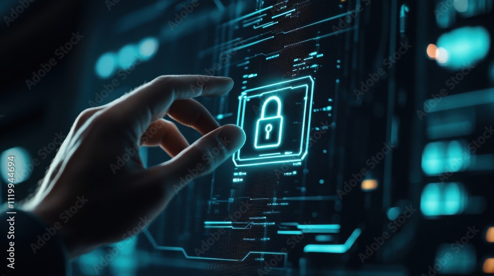 Poster cybersecurity action hacker hand reaches for glowing lock icon digital workspace technology environm