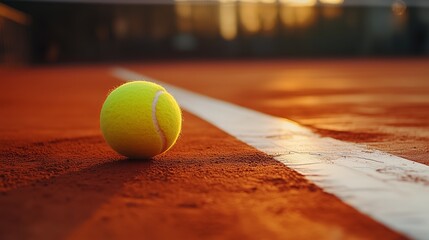 Close-up of a tennis ball on a clay court at sunset