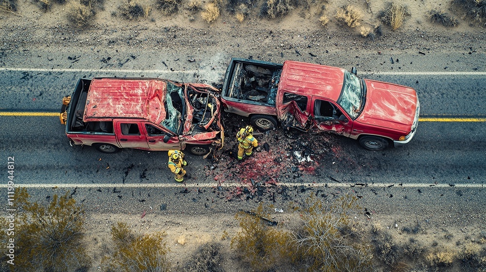 Aufkleber a dramatic photo capturing the aftermath of a crash involving two pickup trucks. the image highlight