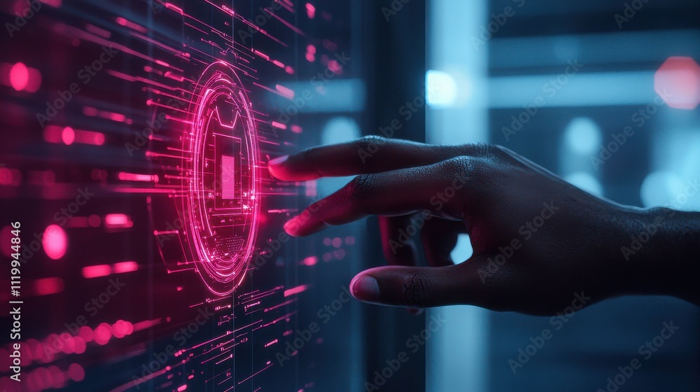 Poster hand interacting with glowing holographic lock futuristic setting digital technology cybersecurity e