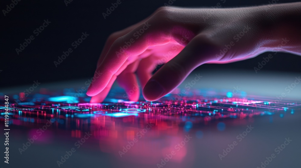 Poster innovative technology interaction hand touching a glowing holographic lock futuristic setting digita