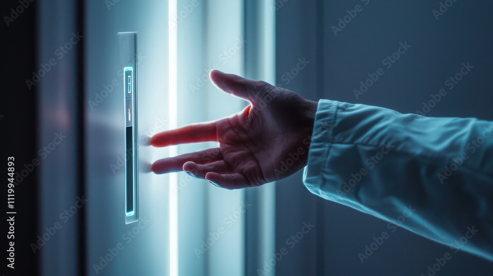 Aufkleber unlocking the future a hand interacting with a glowing holographic lock in a high-tech environment c