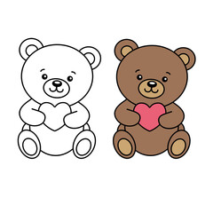 Teddy Bear with heart, outline, black and white line. Colorless Colored