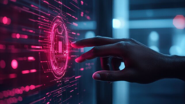 Hand interacting with glowing holographic lock futuristic setting digital technology cybersecurity environment close-up view innovation concept