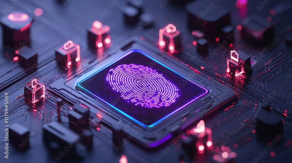 Poster holographic fingerprint technology enhancing security in modern digital environments futuristic tech