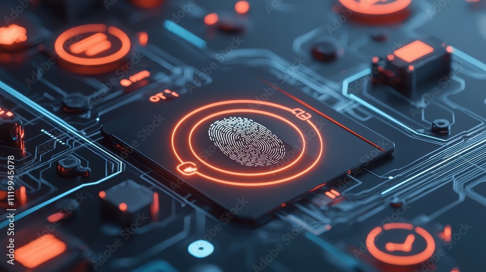 Poster holographic fingerprint security interface digital realm graphic design high-tech environment close-