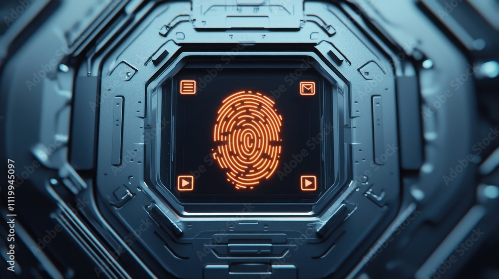 Poster holographic fingerprint security system digital space technology visualization futuristic environmen