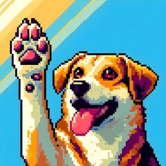 Pixelated Pet Dog Raising Paw in Playful Cartoon Style