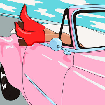 Woman with red boots on a pink vintage self driving futuristic car with side mirror view