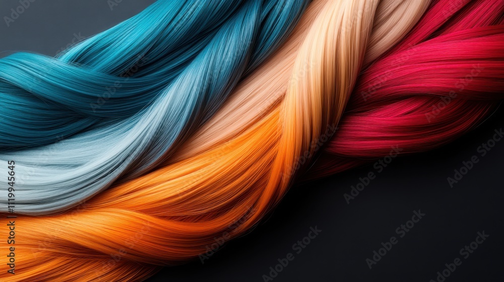 Poster a stunning display of multicolored strands woven together, showcasing a vibrant and elegant textile 