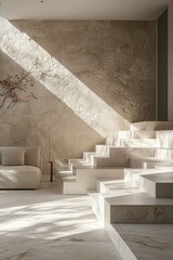 Minimalist Interior with Sunlit Stone Staircase and Modern Sofa in a Serene Living Space