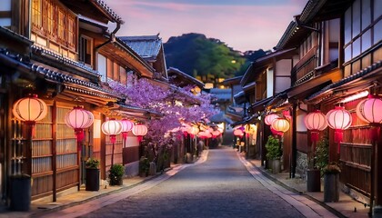 Serene street with lanterns and cherry blossoms.