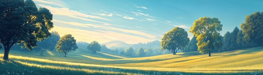 Naklejka premium Serene Sunrise Over Rolling Hills with Lush Greenery and Majestic Trees in a Tranquil Countryside Landscape