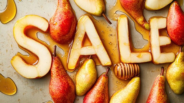 Fresh pears on display with sale announcement in sweet syrupy setting