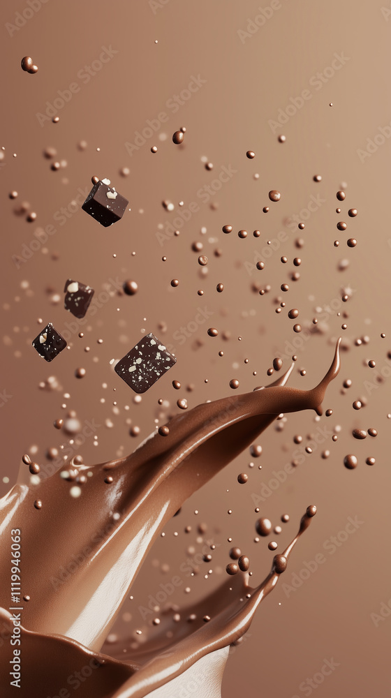 Fototapete chocolate splashes and cubes create a dynamic, appetizing display in a creamy setting