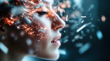 Obraz premium A dramatic profile of a woman, her face bathed in abstract exploding lights, suggesting inner thoughts, imagination, and creative breakthroughs unfolding.