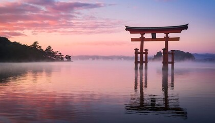 Torii gate at sunrise over misty water.