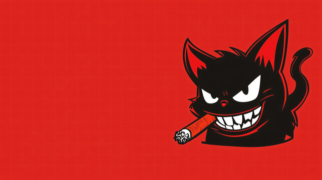 A black cat with a mischievous expression, holding a lit cigarette in its mouth, set against a vibrant red background