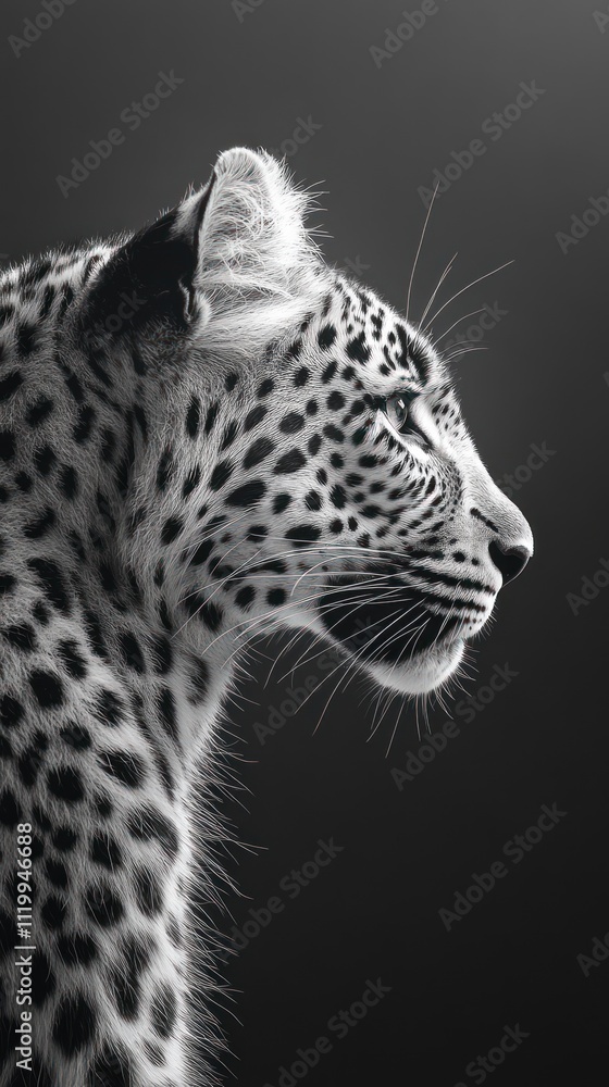Poster a monochrome profile of a leopard showcasing its distinctive spots and elegant features.