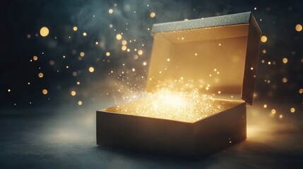 Opened magical Box with light beams and sparkles around, magical and mystery moment what is inside