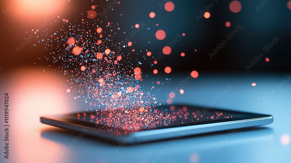 Poster cybersecurity alerts emerging from a glowing tablet in a modern workspace digital art futuristic env