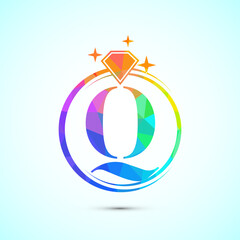 Initial alphabet Q in a circle with diamond. Diamond ring logo. Jewelry logo design concept