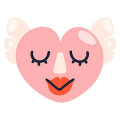 Adorable smiling heart with wings, closed eyes and large red lips, tender face expression isolated on white background. Romantic funny character, emoji for Valentine's day. 