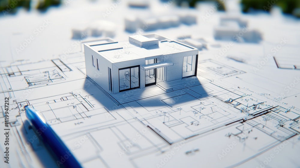 Poster a modern architectural model sits on blueprints, showcasing design details with a pen for scale, hig