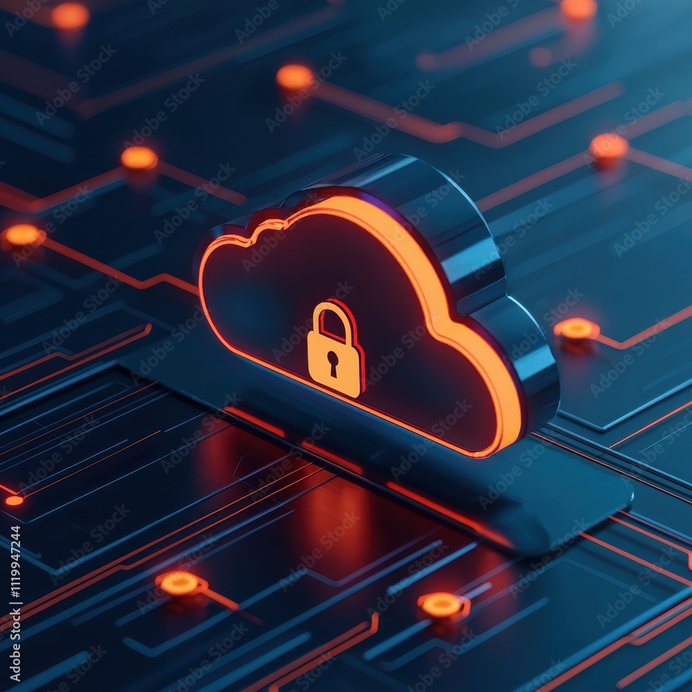 Poster securing digital cloud data with lock icons and glowing lines modern technology environment futurist