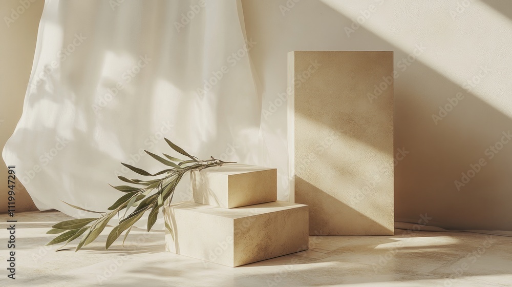 Poster Minimalist scene with geometric shapes and a leafy branch, emphasizing natural light.