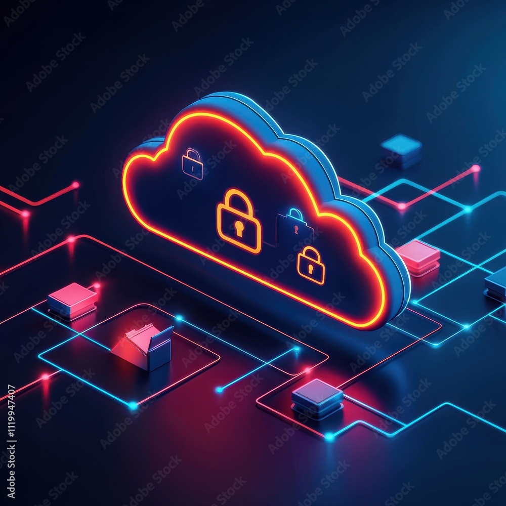 Poster securing digital clouds lock icons representing data protection virtual environment infographic cybe