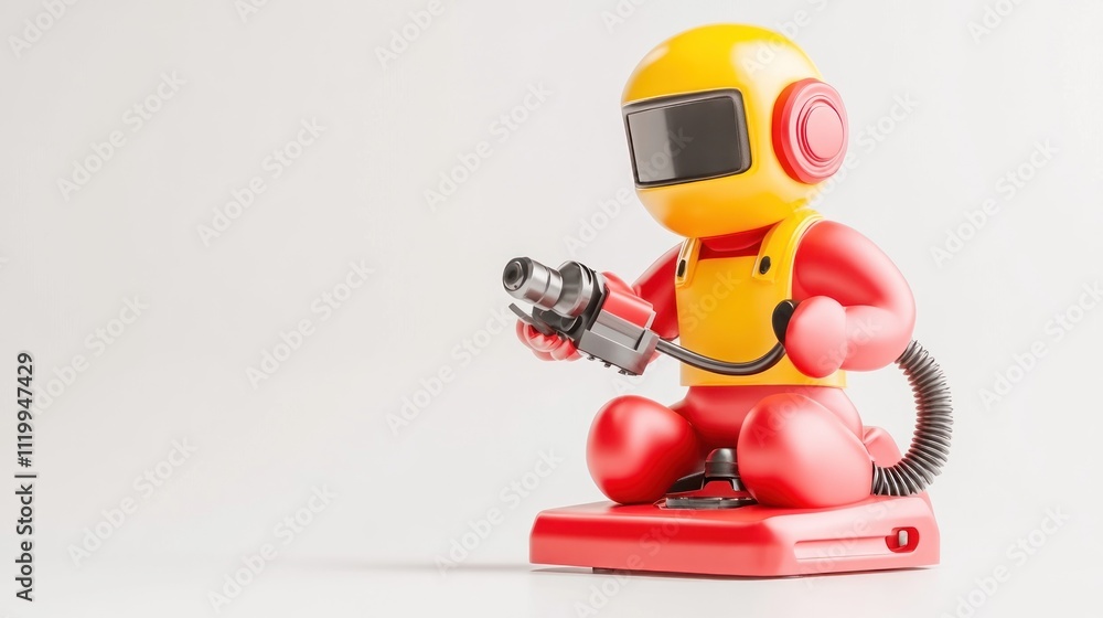 Poster a colorful figurine resembling a playful character holding a gadget.