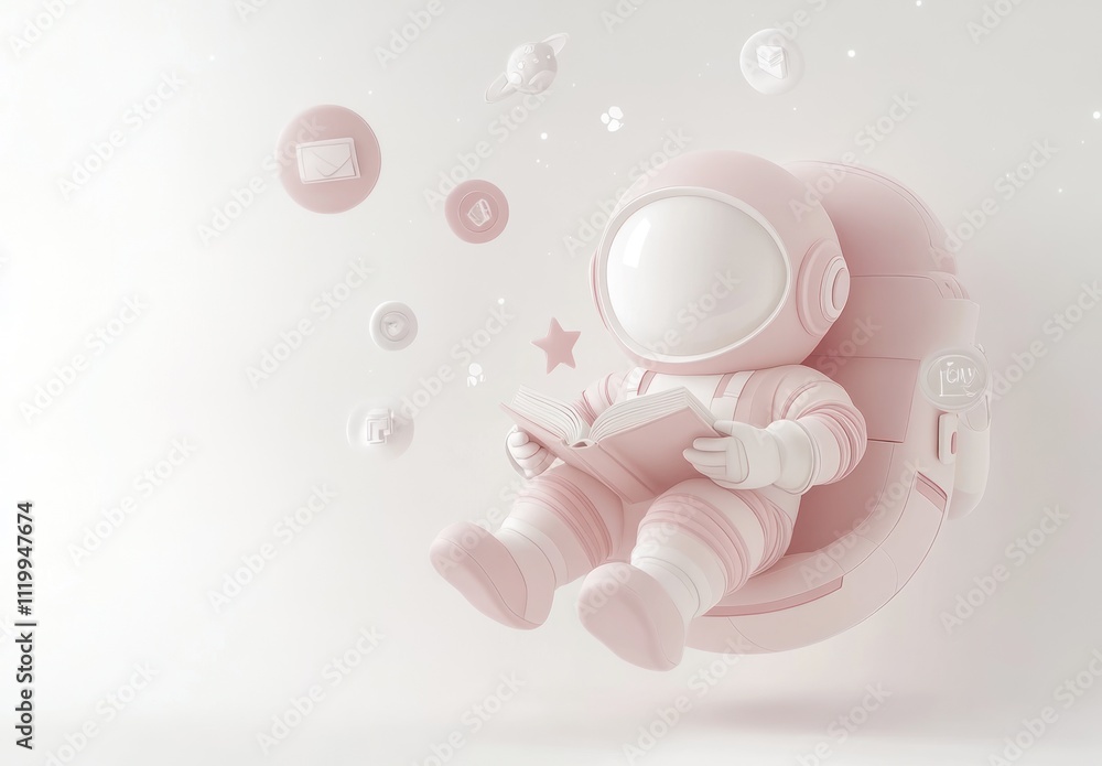 Poster a cute pink astronaut reading in space with floating icons.