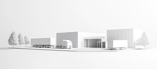 Minimalist 3D model of warehouse with trucks.